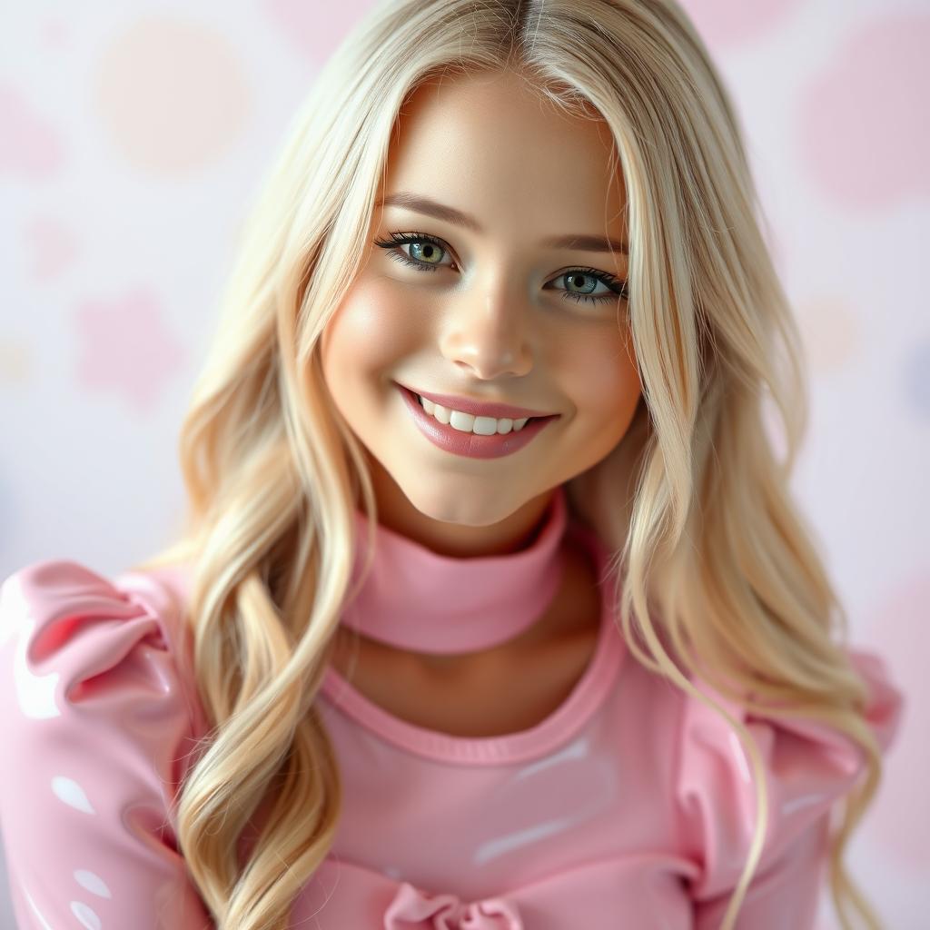 A sweet blonde woman wearing a soft pink latex outfit that accentuates her playful and charming personality