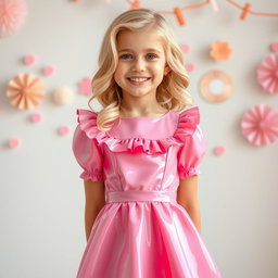 A sweet blonde girl wearing a delightful pink latex dress that fits her perfectly, showcasing her playful and charming personality