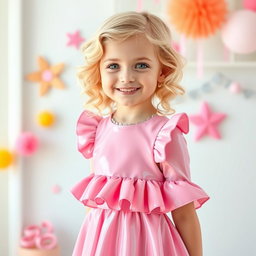 A sweet blonde girl wearing a delightful pink latex dress that fits her perfectly, showcasing her playful and charming personality