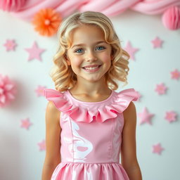 A sweet blonde girl wearing a delightful pink latex dress that fits her perfectly, showcasing her playful and charming personality