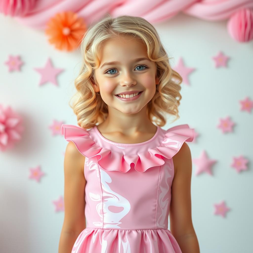 A sweet blonde girl wearing a delightful pink latex dress that fits her perfectly, showcasing her playful and charming personality