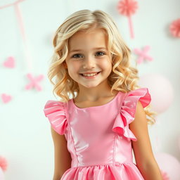 A sweet blonde girl wearing a delightful pink latex dress that fits her perfectly, showcasing her playful and charming personality