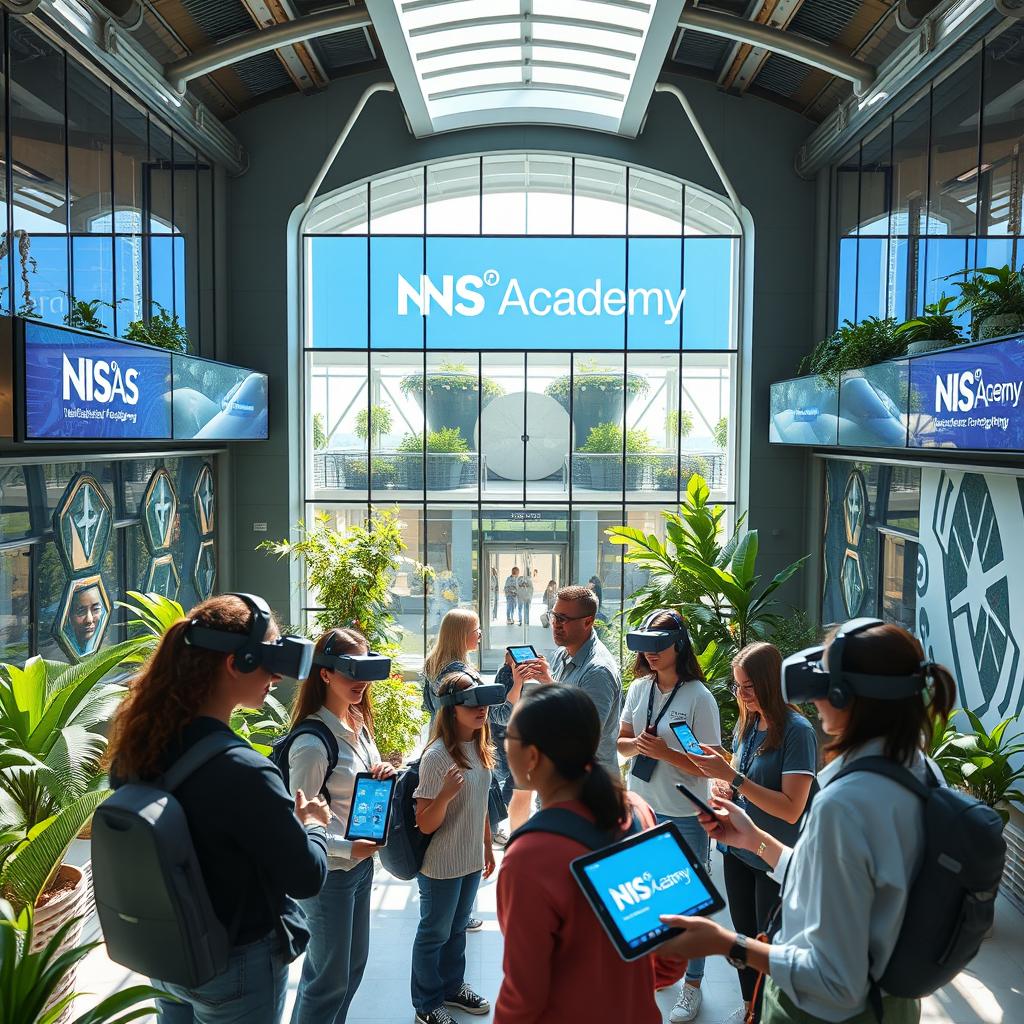A high-tech futuristic educational institution called 'NS Academy', featuring sleek modern architecture, glass walls, and digital screens displaying the logo