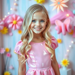 A sweet blonde girl wearing a charming pink latex dress that hugs her figure adorably