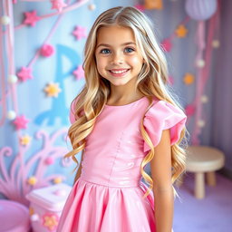 A sweet blonde girl wearing a charming pink latex dress that hugs her figure adorably