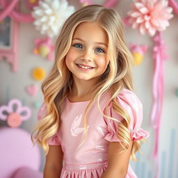 A sweet blonde girl wearing a charming pink latex dress that hugs her figure adorably