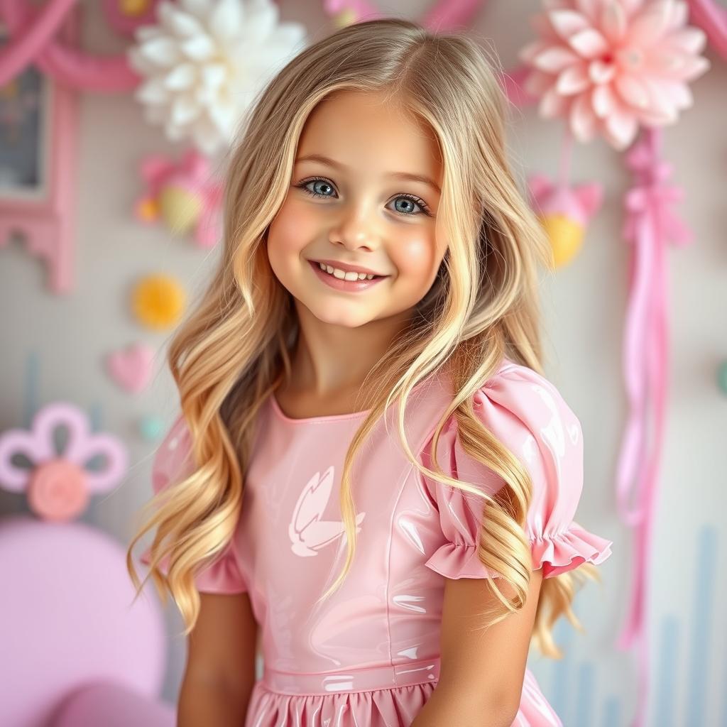 A sweet blonde girl wearing a charming pink latex dress that hugs her figure adorably