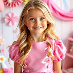 A sweet blonde girl wearing a charming pink latex dress that hugs her figure adorably