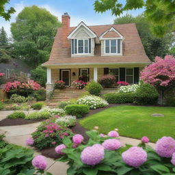 A charming, cozy home set in a tranquil suburban neighborhood lined with lush foliage and beautiful flowers