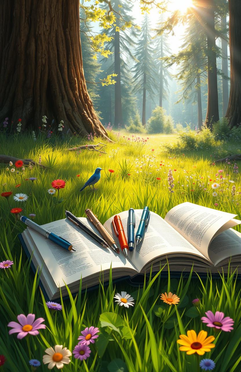 A beautiful digital painting featuring an assortment of pens and various books spread open in a lush natural setting, surrounded by vibrant green grass, colorful wildflowers, and tall, majestic trees