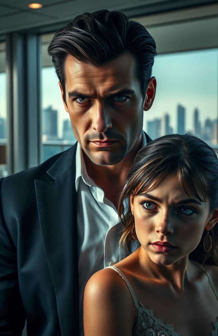 A scene featuring a dangerously handsome billionaire man with sharp features and a confident aura, standing next to an innocent, beautiful woman whose delicate features and wide expressive eyes convey innocence