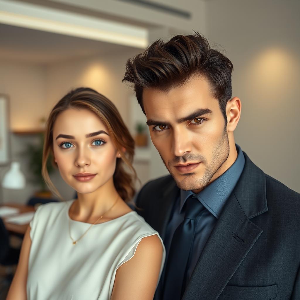 A scene depicting a dangerously handsome billionaire man with striking features, exuding confidence, standing next to an innocent, beautiful woman with a modest and serene demeanor