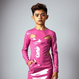 A confident boy wearing a stylish pink latex dress that features a modern and edgy design