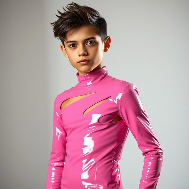 A confident boy wearing a stylish pink latex dress that features a modern and edgy design