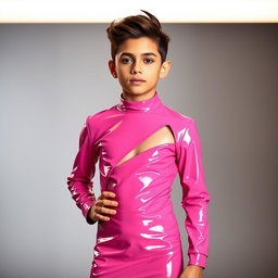 A confident boy wearing a stylish pink latex dress that features a modern and edgy design