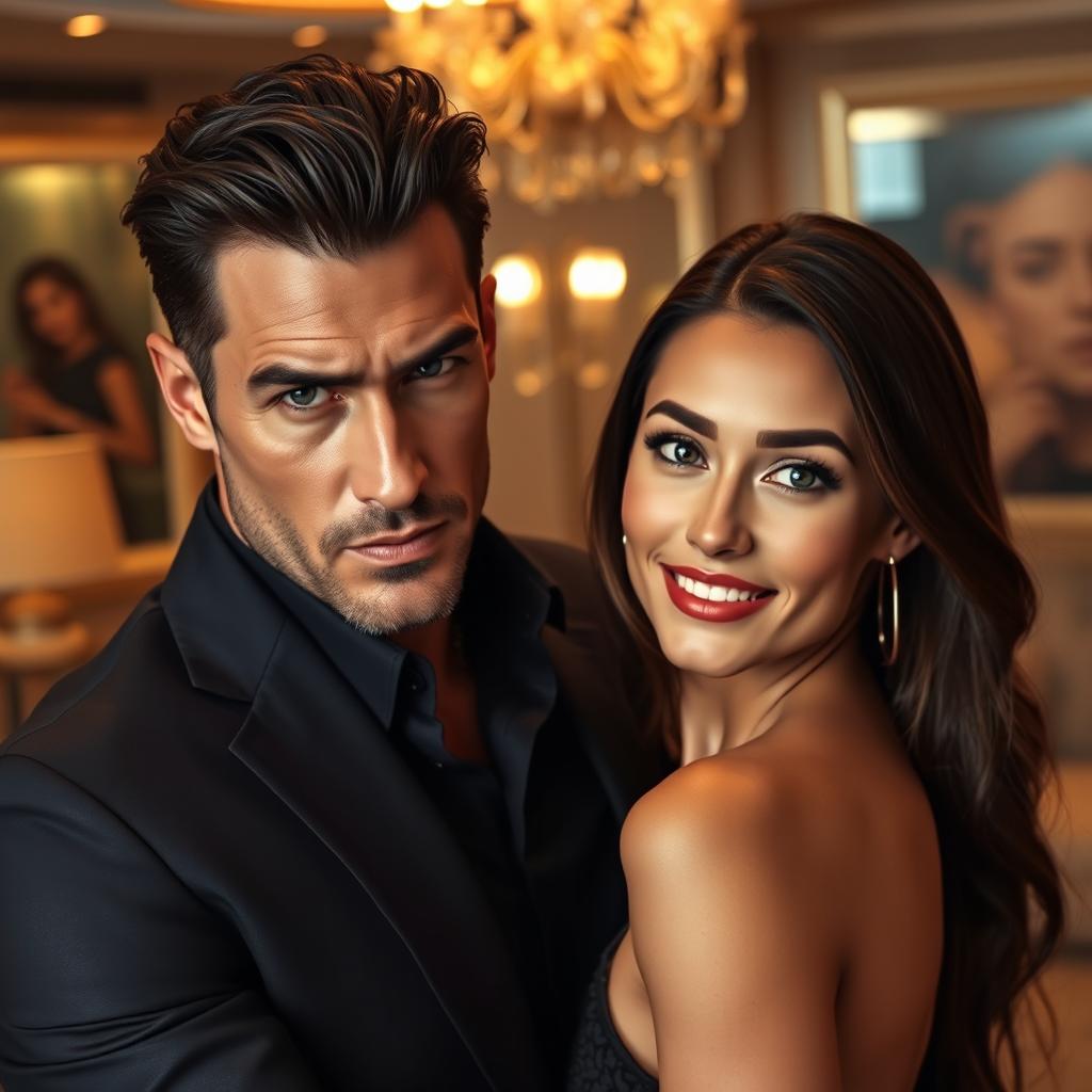 A striking half-body portrait of a dangerously handsome billionaire man with chiseled features, exuding confidence and allure, standing close to an innocent, beautiful woman with soft features and an enchanting smile