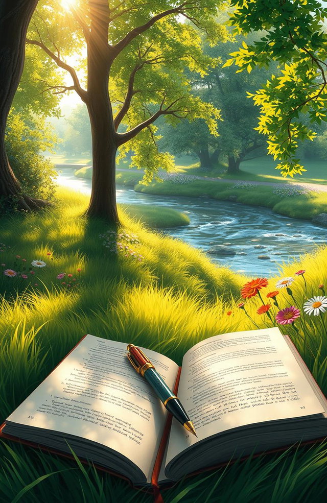A beautiful digital painting of a serene natural landscape featuring a collection of intricately designed pens and open books lying on soft green grass
