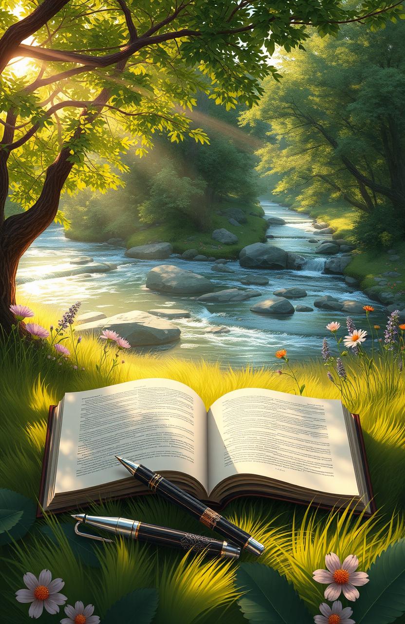 A beautiful digital painting of a serene natural landscape featuring a collection of intricately designed pens and open books lying on soft green grass