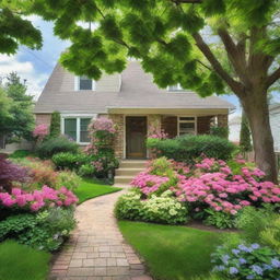 A charming, cozy home set in a tranquil suburban neighborhood lined with lush foliage and beautiful flowers