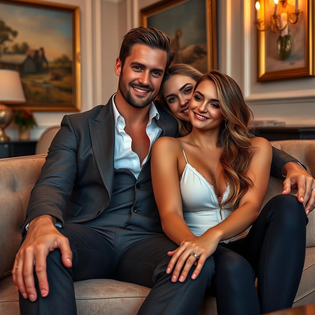 A captivating scene of a hot and handsome billionaire man with a fit physique and stylish attire, sitting on a plush couch with an innocent, beautiful woman who has soft features and a warm smile