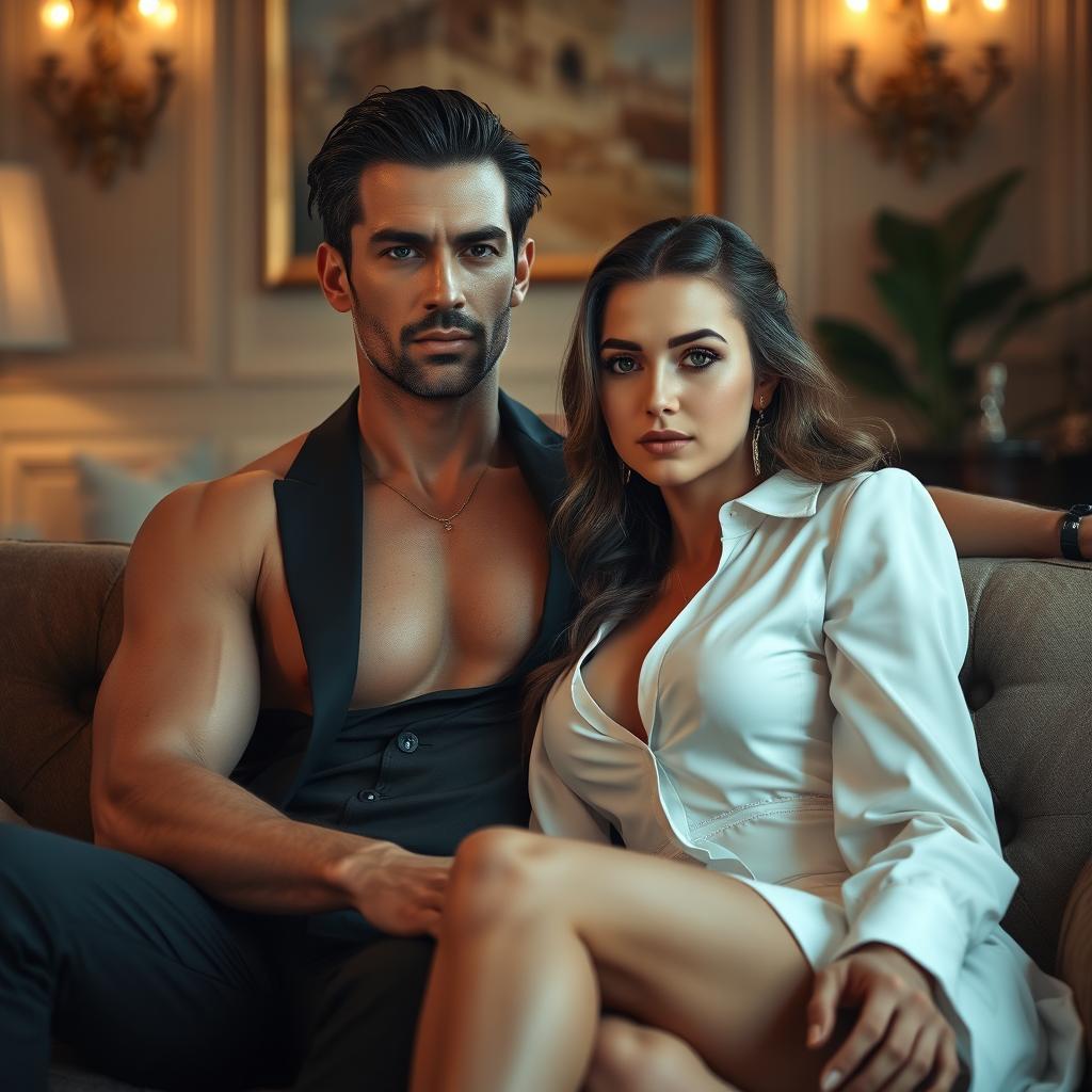 A striking scene of a hot and handsome billionaire man with a well-defined physique and sophisticated attire, sitting alongside an innocent and beautiful woman with gentle features and an elegant posture on a plush couch