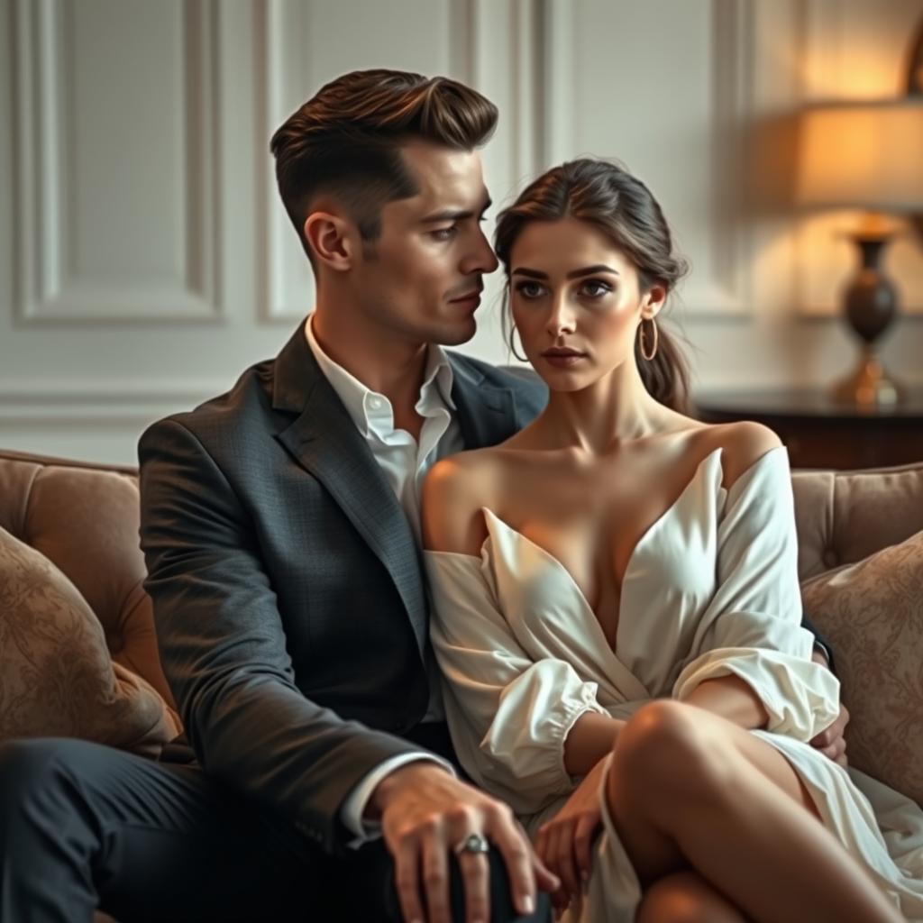 A mesmerizing scene featuring a hot and handsome billionaire man with a sculpted physique and stylish attire, sitting closely on a plush couch with an innocent, beautiful woman who has fair skin and an angelic face