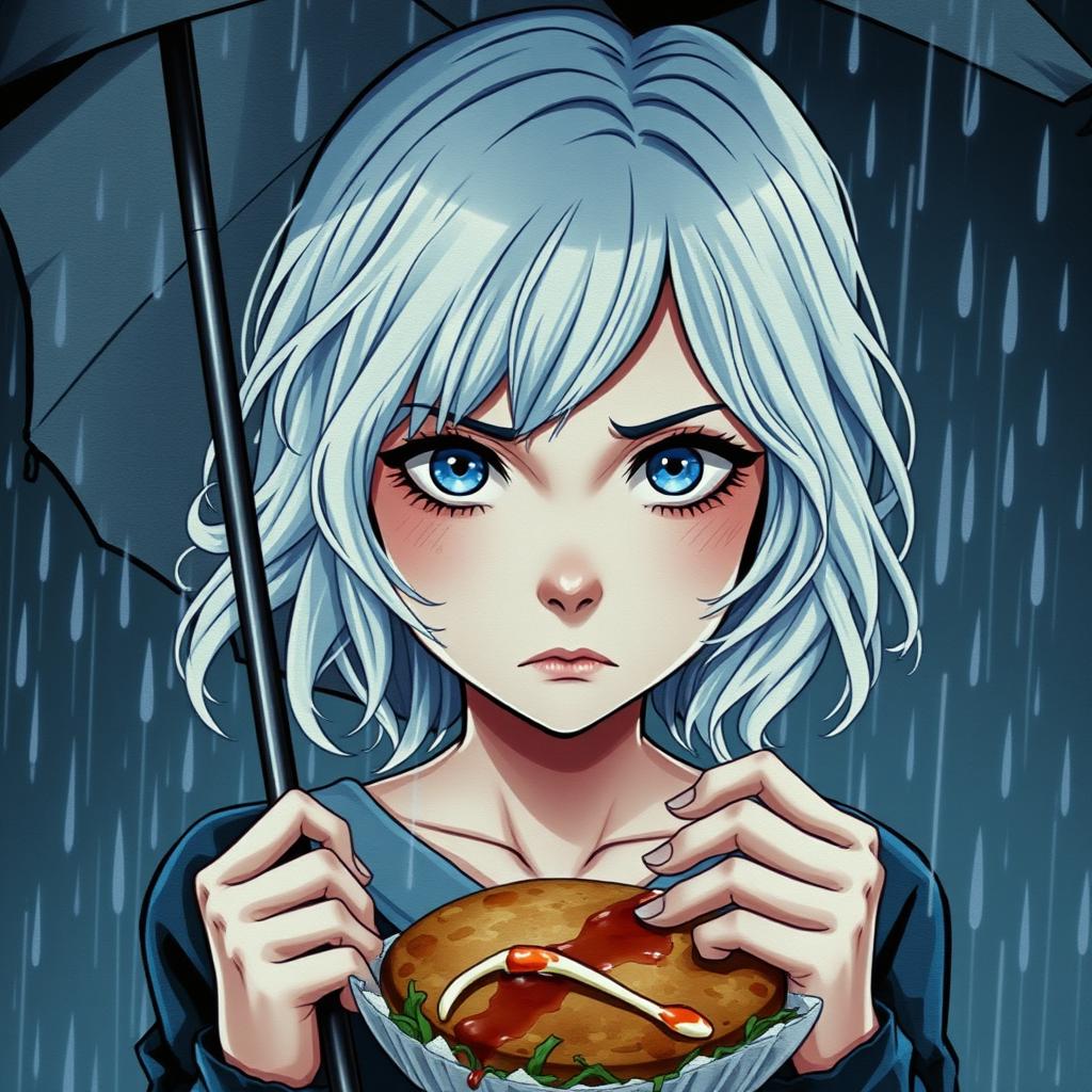A book cover featuring a girl in close-up, with shoulder-length wavy white hair and striking blue eyes