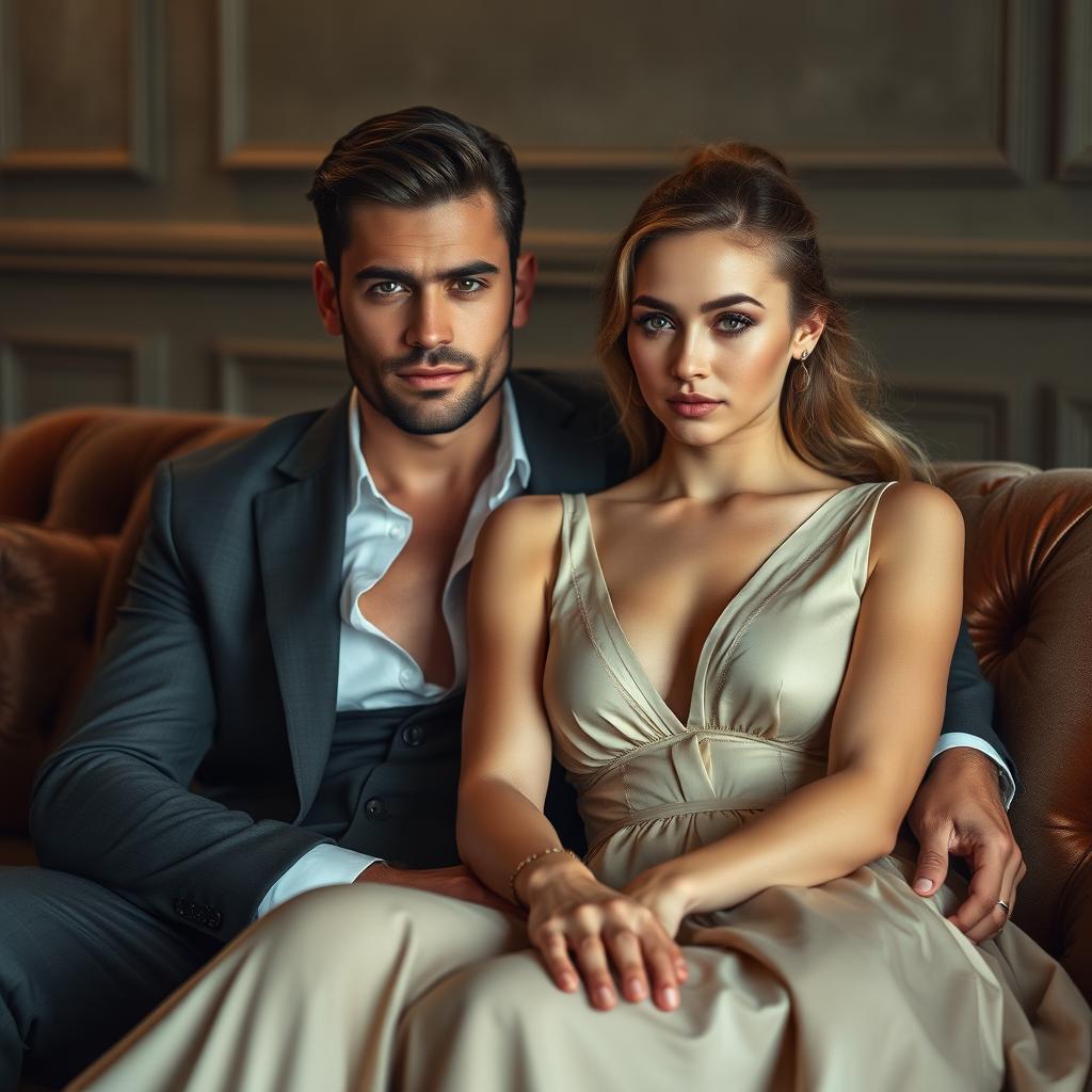 A stunning portrait of a hot and handsome billionaire man with a chiseled physique and elegant attire, sitting intimately on a plush couch with an innocent, beautiful woman