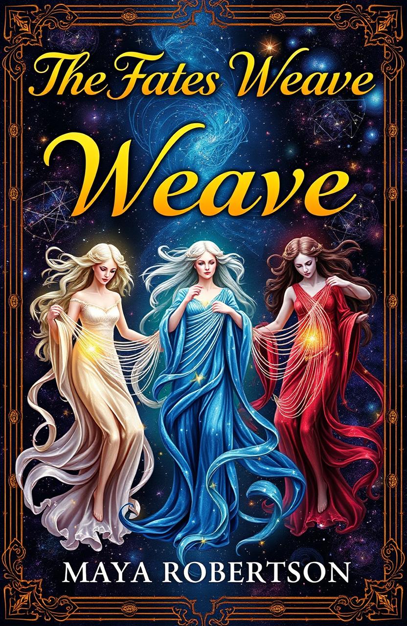 An artistically rendered book cover for 'The Fates Weave' by Maya Robertson, featuring an intricate tapestry design that embodies the themes of fate and destiny