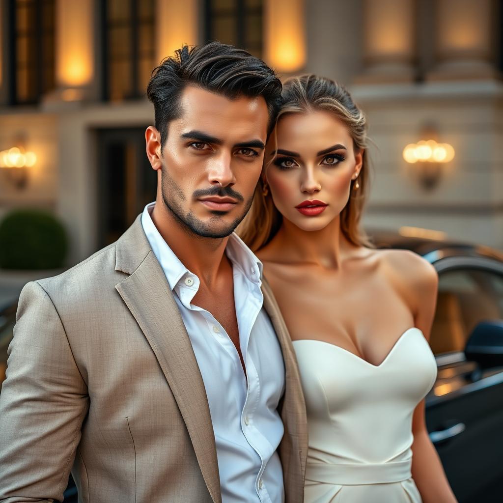 A captivating portrait of a hot and handsome billionaire man with a sculpted physique and refined attire, standing confidently next to an innocent and beautiful woman who has fair skin and an angelic face