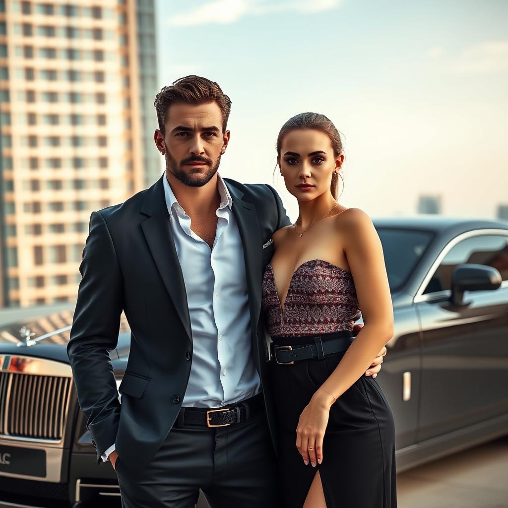 A striking full-body portrait of a hot and handsome billionaire man with a defined physique and impeccable style, standing confidently next to an innocent and beautiful woman with fair skin and an angelic face