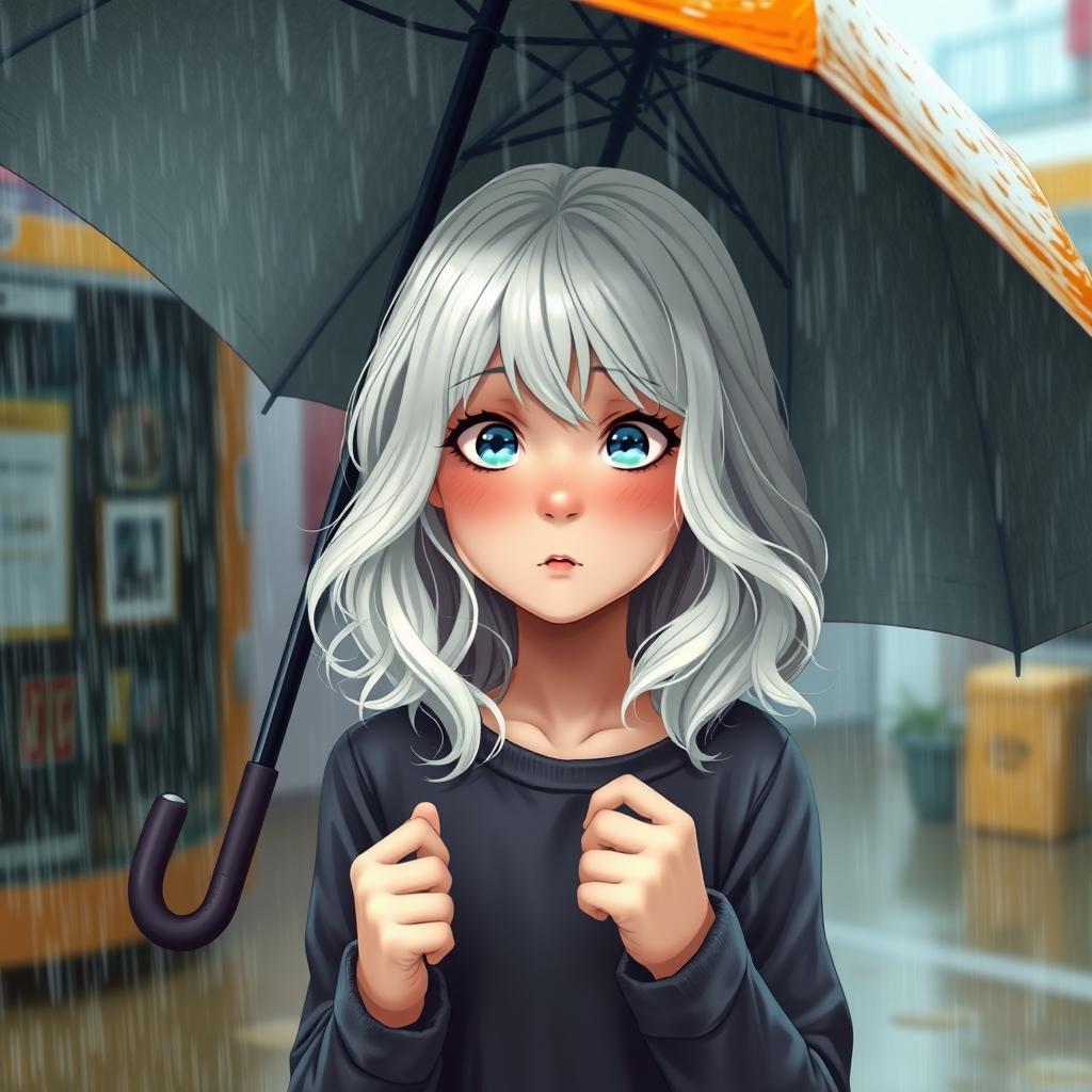A realistic image of a girl with shoulder-length wavy white hair and blue eyes