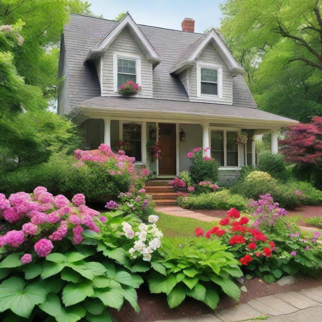 A charming, cozy home set in a tranquil suburban neighborhood lined with lush foliage and beautiful flowers