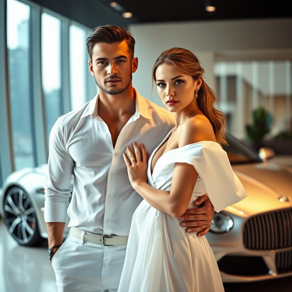 A striking full-body portrait of a hot and handsome billionaire man with a well-defined physique, standing confidently beside an innocent and beautiful woman with fair skin and an angelic face