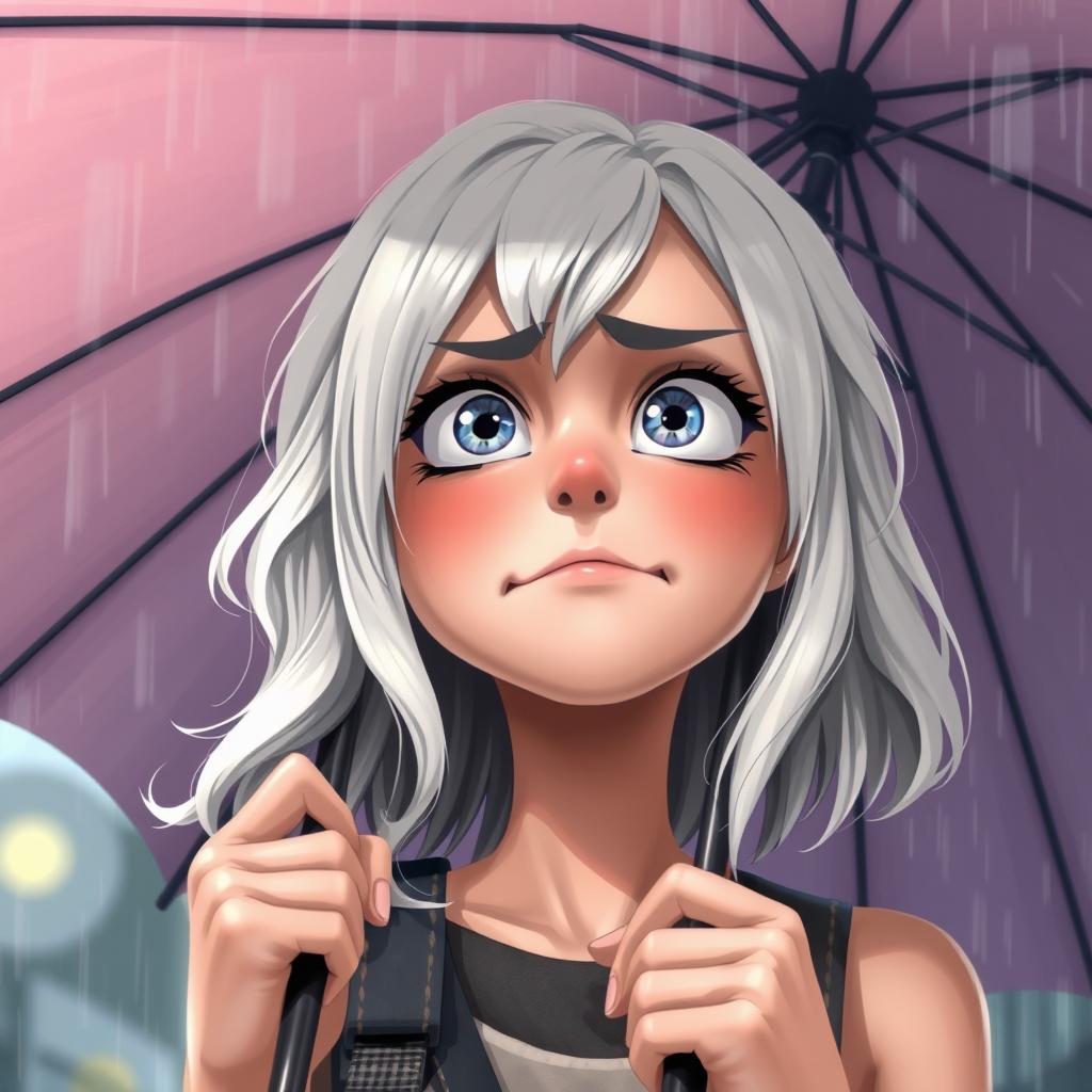A realistic and stylized teenage girl with shoulder-length wavy white hair, making a comically disgusted grimace while looking upwards