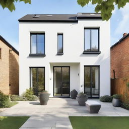 A stylish two-storey house without a balcony, featuring four symmetrical windows on the first floor and a large, flat terrace.