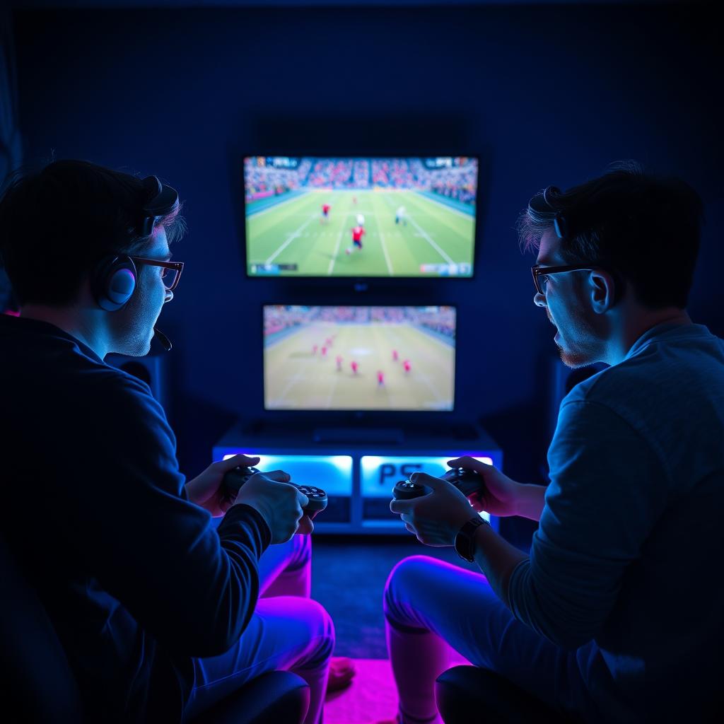 Two gamers intensely engaged in a rivalry while playing a football video game