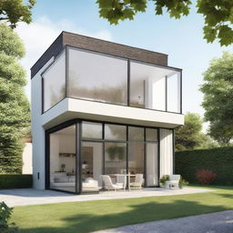 A stylish two-storey house without a balcony, featuring four symmetrical windows on the first floor and a large, flat terrace.