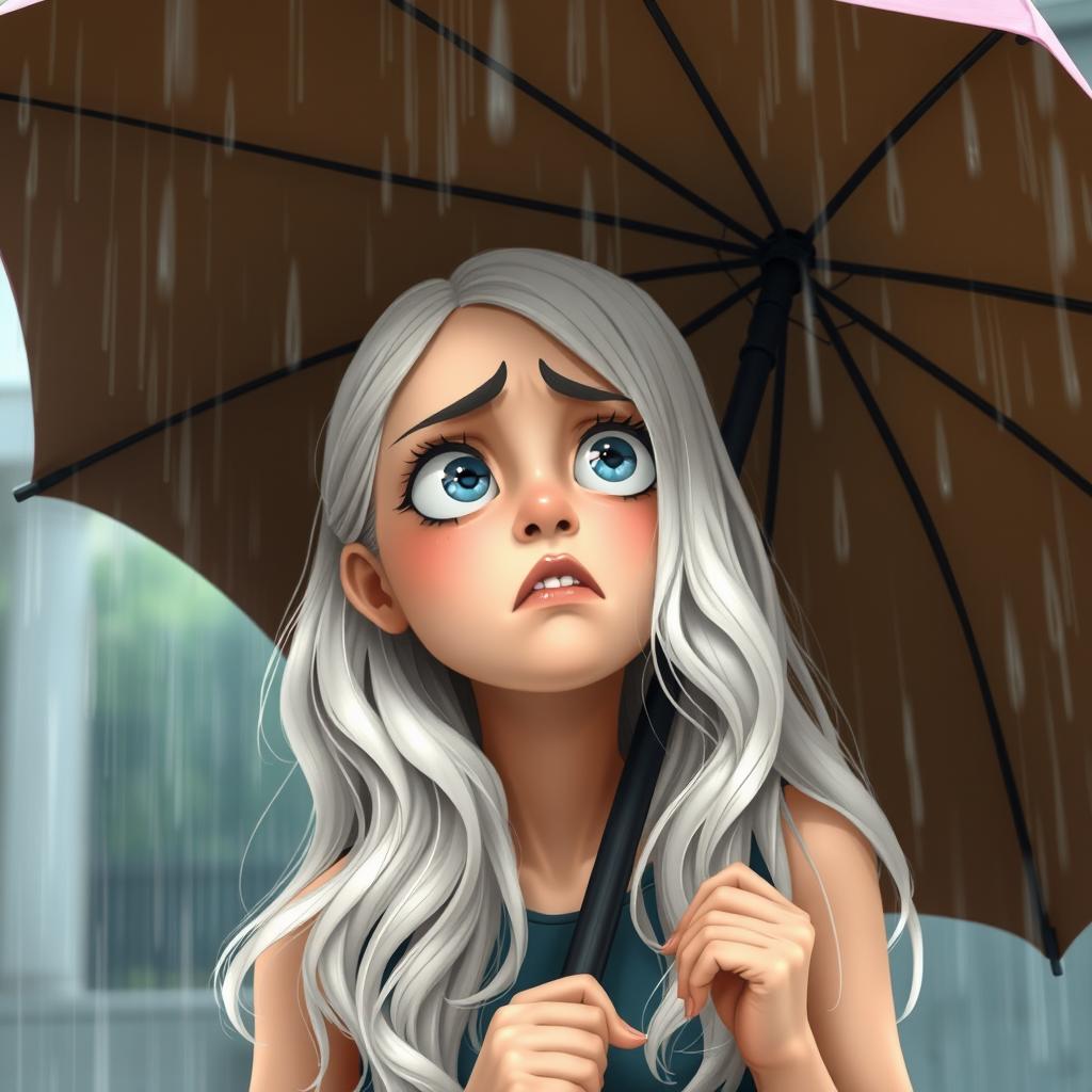 A realistic and stylized teenage girl with wavy white hair down to her shoulders, making a comedic disgusted expression while looking up