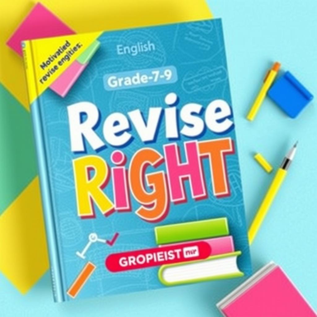 A vibrant and modern book cover for an English revision book titled 'Revise Right for Grade 7-9'