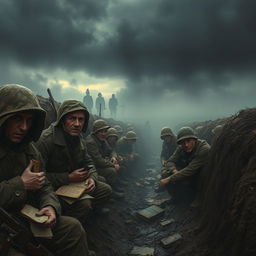 A dramatic and intense scene set in a historical war context, depicting soldiers in a trench during World War I