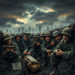 A dramatic and intense scene set in a historical war context, depicting soldiers in a trench during World War I