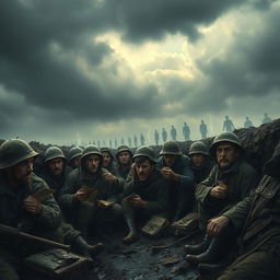 A dramatic and intense scene set in a historical war context, depicting soldiers in a trench during World War I