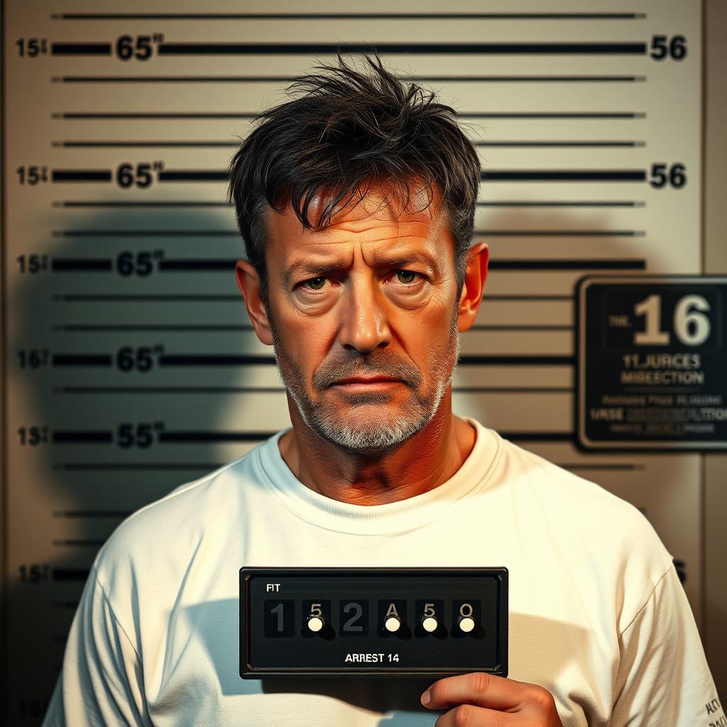 A realistic police mugshot featuring a middle-aged man with a rugged appearance, wearing a plain white t-shirt