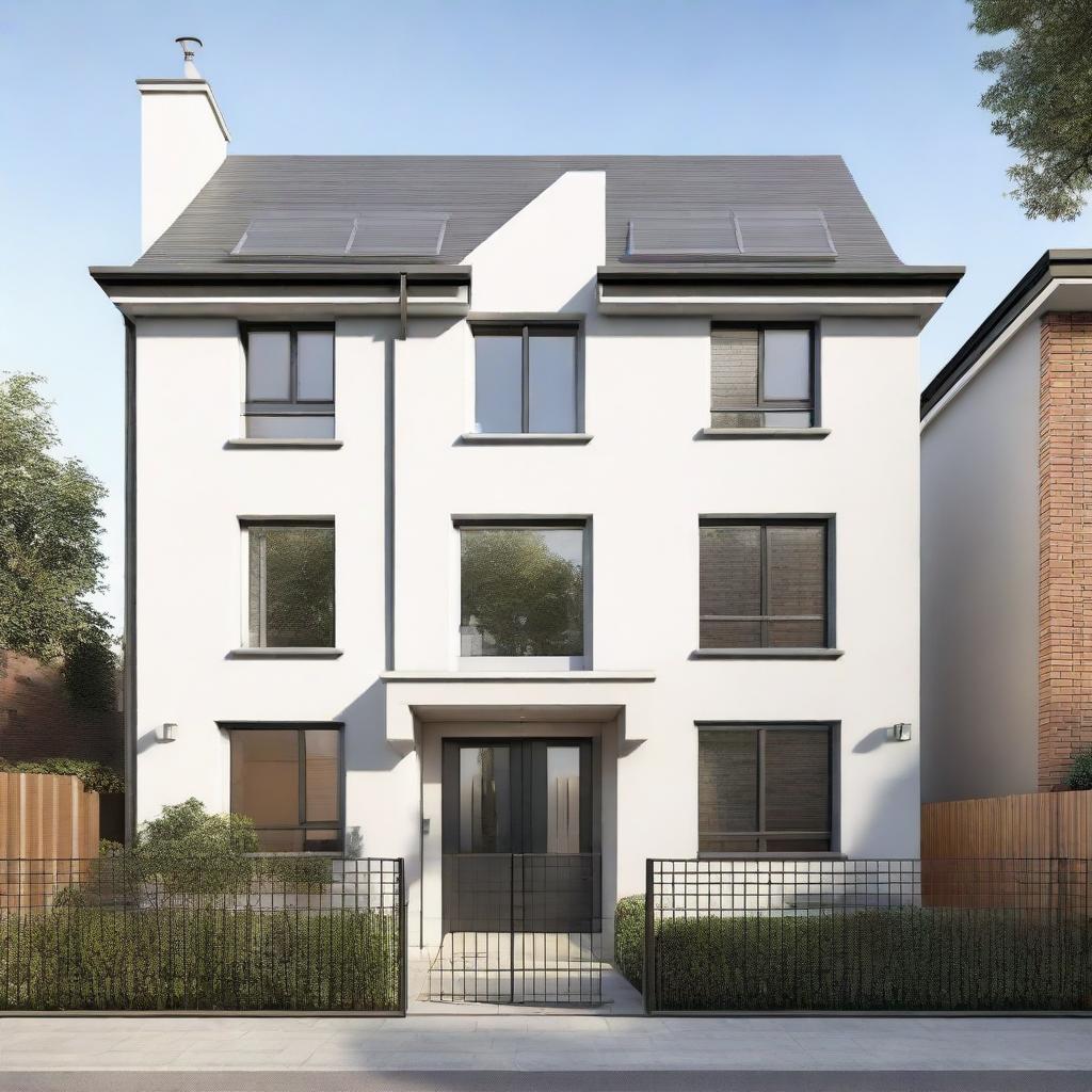 A stylish two-storey house without a balcony, featuring four symmetrical windows on the first floor and a large, flat terrace.