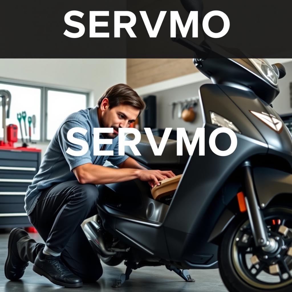 A man dressed in casual work attire, focused on servicing a scooter