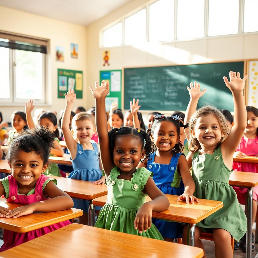 A vibrant classroom scene showing young school children wearing colorful pinafore dresses, sitting at their desks in a bright, cheerful atmosphere