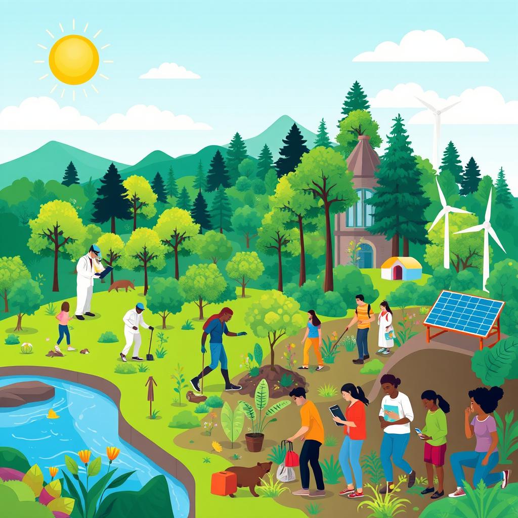 A vibrant and engaging vector illustration depicting the interconnection between science and society in environmental science