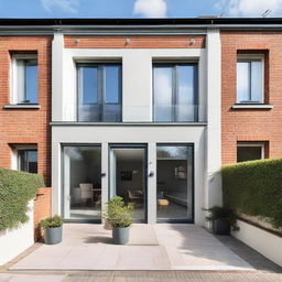 A stylish two-storey house without a balcony, featuring four symmetrical windows on the first floor and a large, flat terrace.