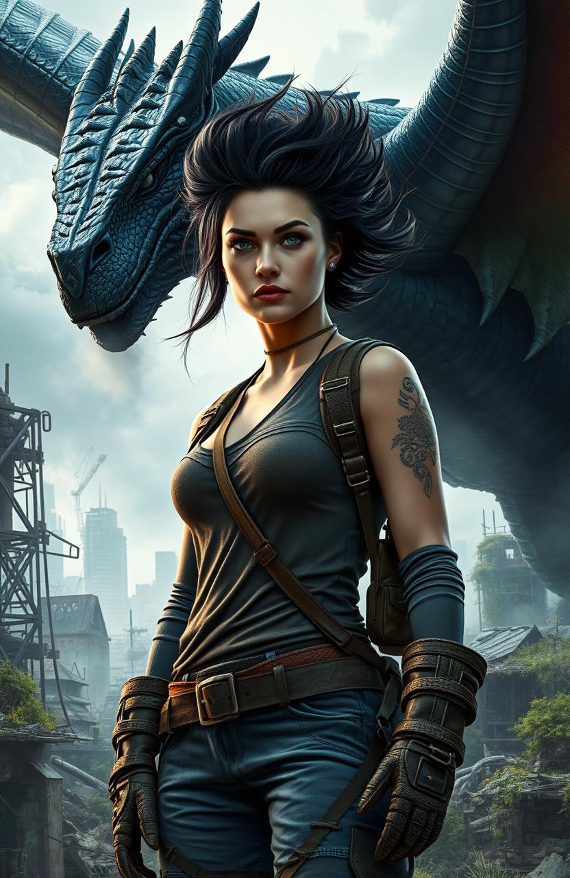 A strong, determined woman with wild, dark hair and striking blue-green eyes stands confidently in a post-apocalyptic landscape